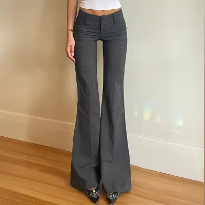 Women Fashion Casual Retro Low Waist Straight Flared Pants