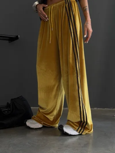 Women Fashion Casual Retro Velvet Side Stripe Wide Leg High Waist Drawstring Pants