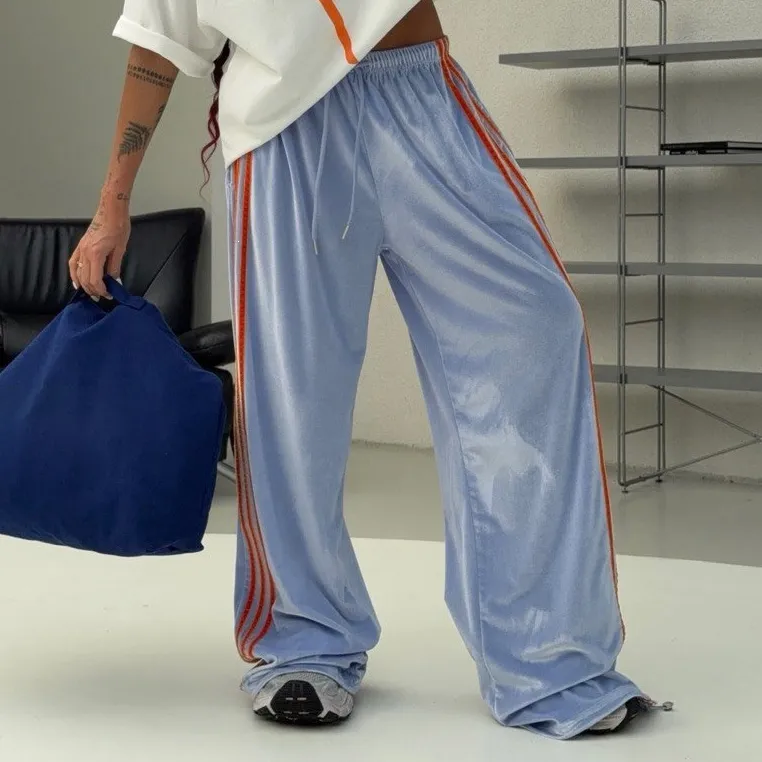 Women Fashion Casual Retro Velvet Side Stripe Wide Leg High Waist Drawstring Pants