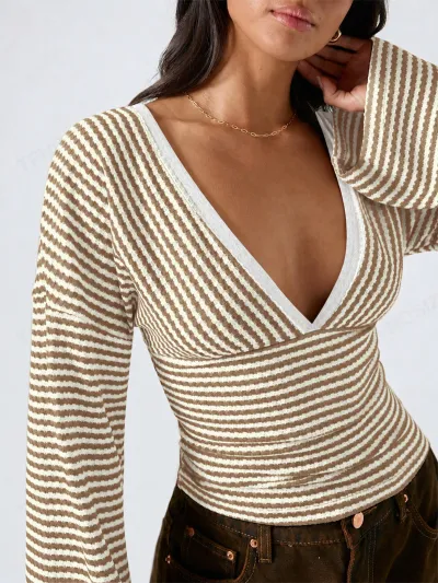 Women Fashion Casual Spring Stripe Deep V Horn Sleeve Top Slim T-Shirt