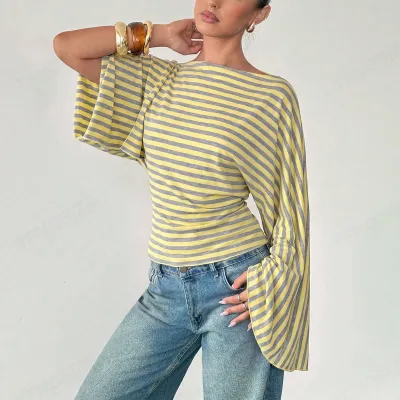 Women'S Fashon Casual Spring Stripe Long-Wide Sleeve T-Shirt