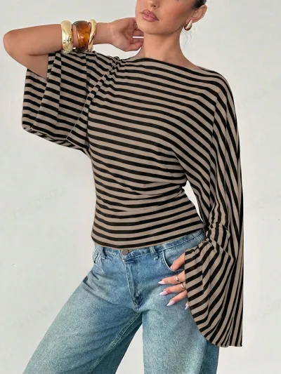 Women'S Fashon Casual Spring Stripe Long-Wide Sleeve T-Shirt