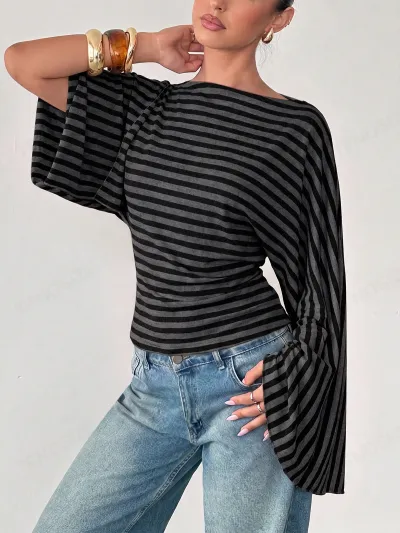 Women'S Fashon Casual Spring Stripe Long-Wide Sleeve T-Shirt