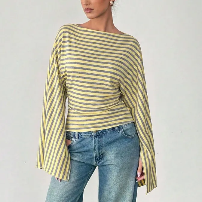 Women'S Fashon Casual Spring Stripe Long-Wide Sleeve T-Shirt