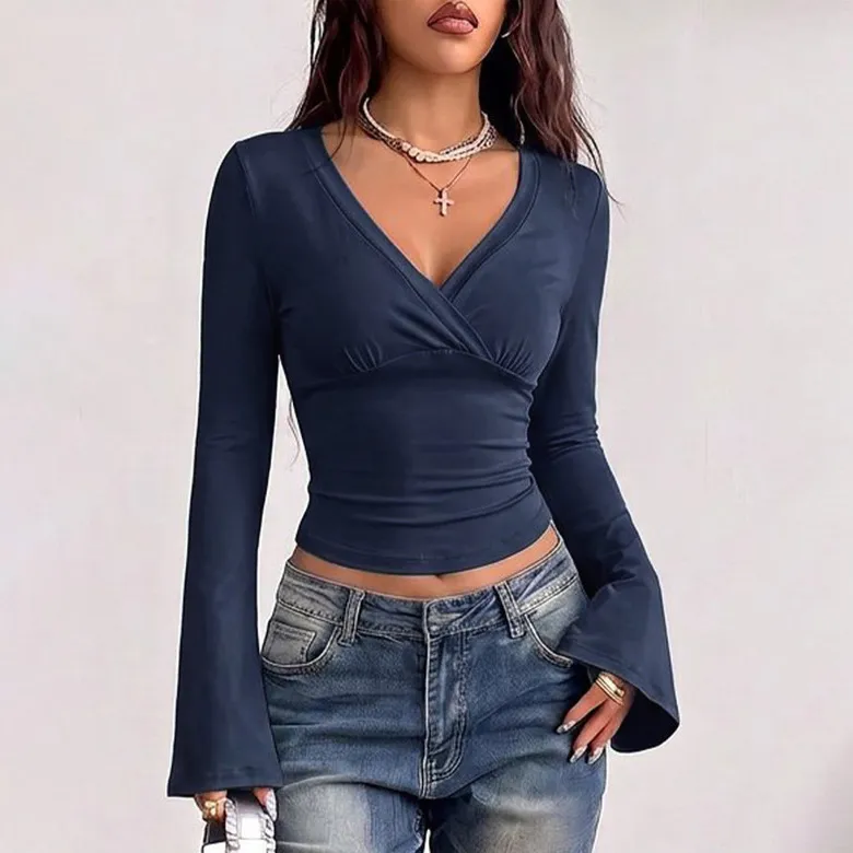 Women Fashion Casual Autumn Solid Color V-Neck Horn Sleeve Long Sleeve Slim Fit T-Shirt