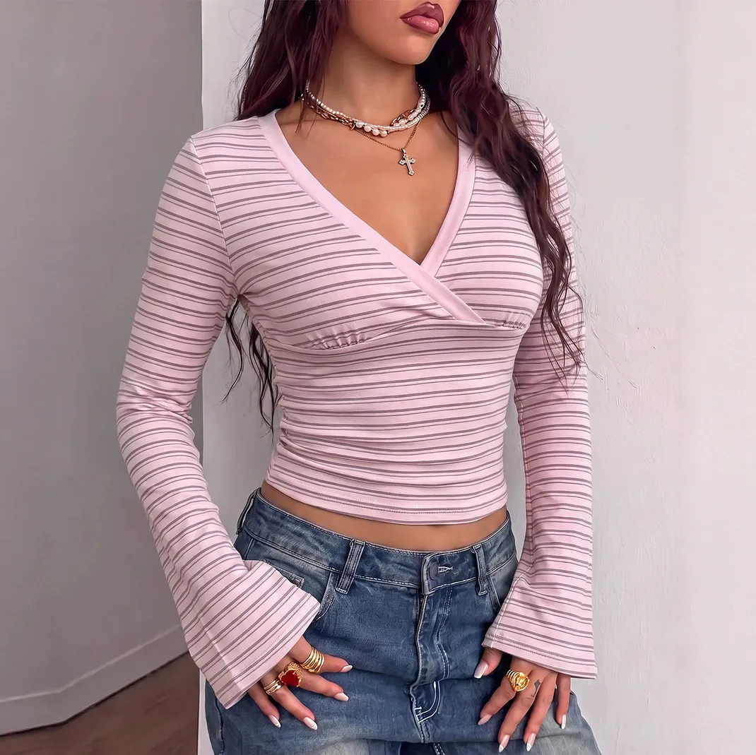 Women Fashion Casual Autumn Contrast Stripe Cross V-Neck Long Sleeve T-Shirt