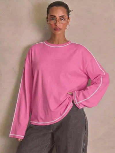 Women'S Fashion Casual Spring Contrast Color Stitching Round Neck Long Sleeve T-Shirt