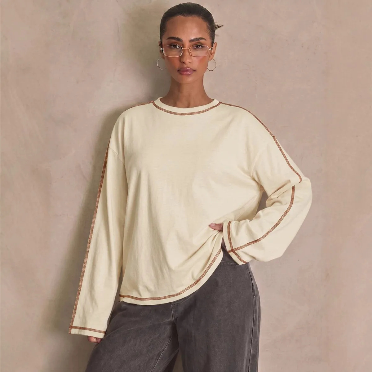 Women'S Fashion Casual Spring Contrast Color Stitching Round Neck Long Sleeve T-Shirt