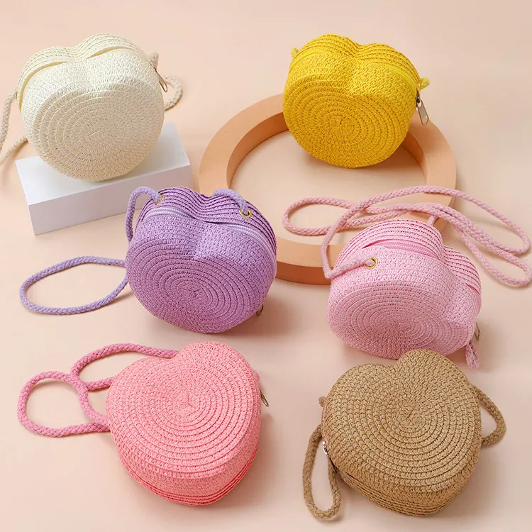 Kids Girs Fashion Cute Solid Color Mini Straw Woven Crossbody Bag