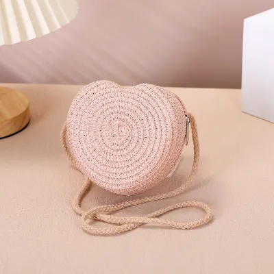 Kids Girs Fashion Cute Solid Color Mini Straw Woven Crossbody Bag