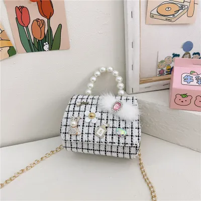 Kids Girls Fashion Camellia Flower Pearl Chain Crossbody Bag
