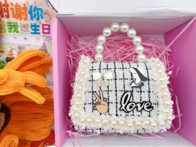Kids Girls Fashion Camellia Flower Pearl Chain Crossbody Bag