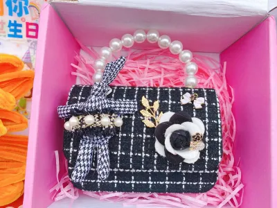 Kids Girls Fashion Camellia Flower Pearl Chain Crossbody Bag
