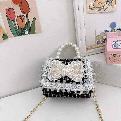 Kids Girls Fashion Camellia Flower Pearl Chain Crossbody Bag