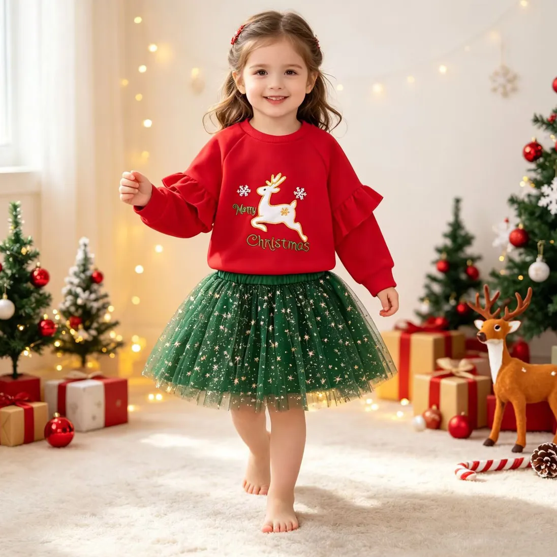 Christmas Kids Girl Fashion Printed Long-Sleeve Sweatshirt Mesh Mini Skirt Two-Piece Set