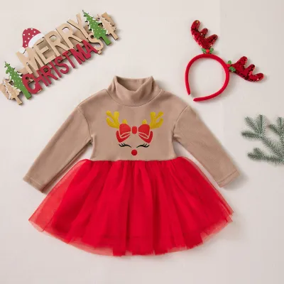 Christmas Kids Girls Fashion Cute Elk Print Printed High Collar Fleece Mesh Princess Dress Hairband Two-Piece Set