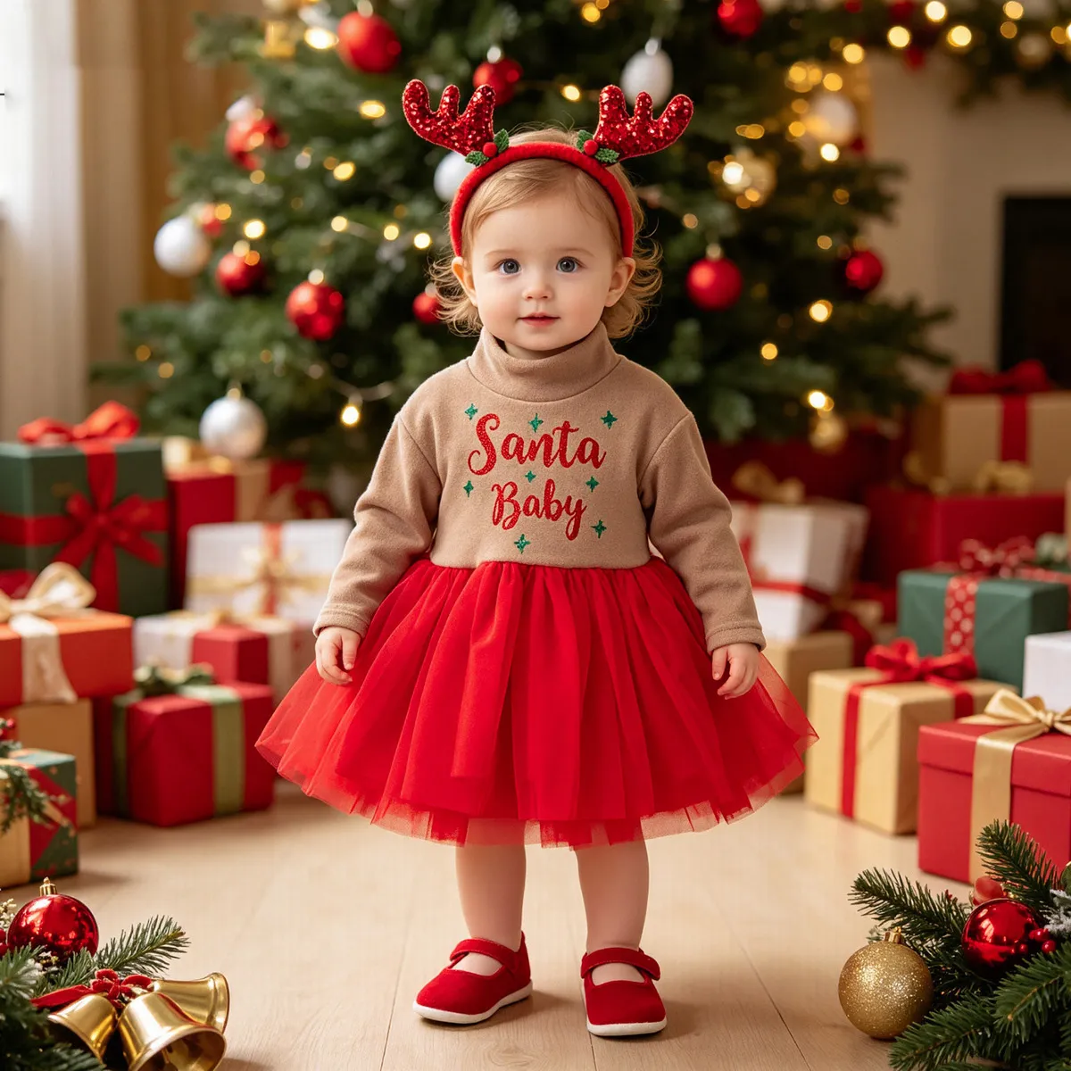 Christmas Kids Girls Fashion Cute Elk Print Printed High Collar Fleece Mesh Princess Dress Hairband Two-Piece Set