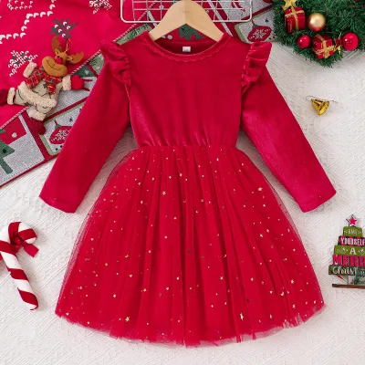 Christmas Kids Girl'S Fashion Gold Velvet Long Sleeve Star Mesh Stitching Dress