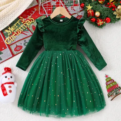 Christmas Kids Girl'S Fashion Gold Velvet Long Sleeve Star Mesh Stitching Dress