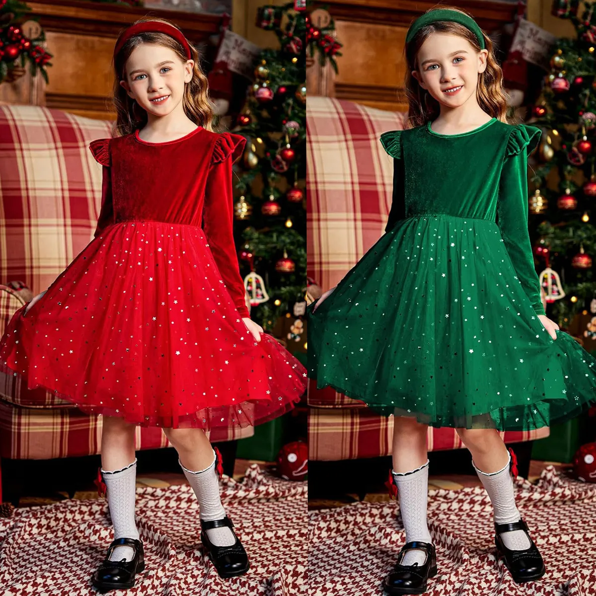 Christmas Kids Girl'S Fashion Gold Velvet Long Sleeve Star Mesh Stitching Dress