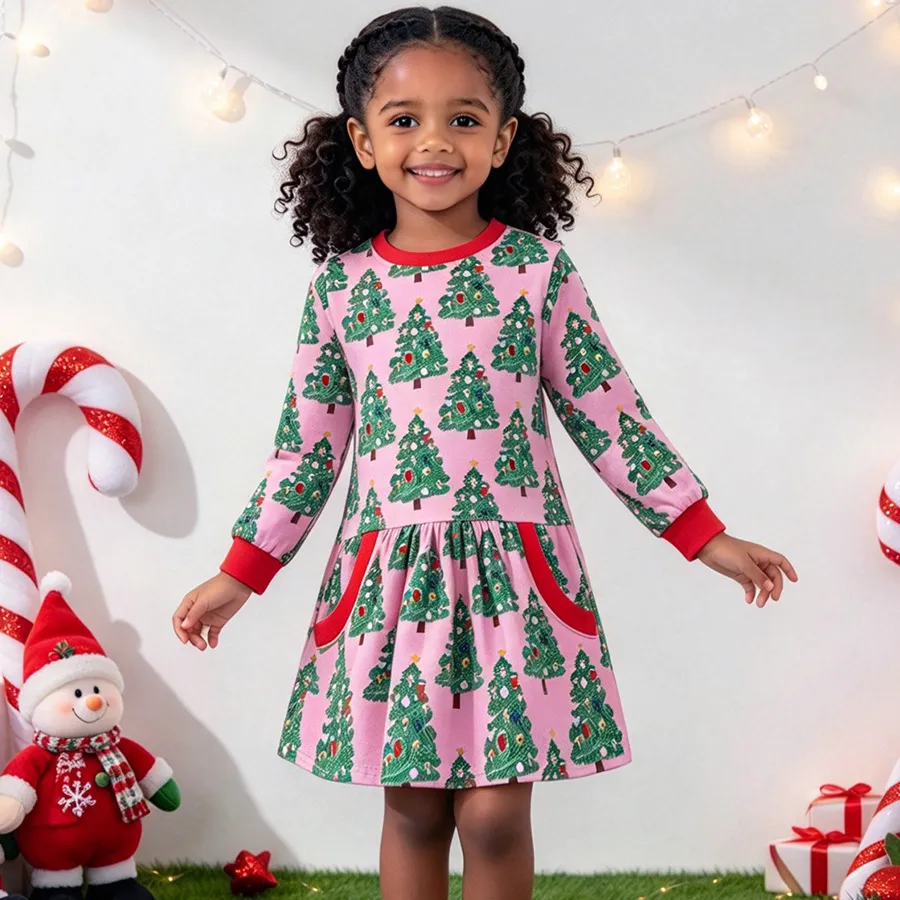 Christmas Kids Girls Fashion Casual Autumn Printed Long Sleeve Dress