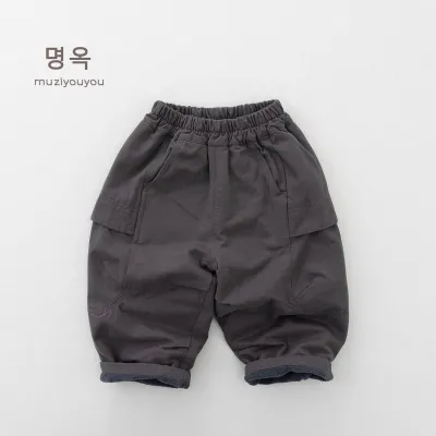 Kids Boys Fashion Casual Autumn And Winter Fleece-Lined Warm Thickened Cock Pants