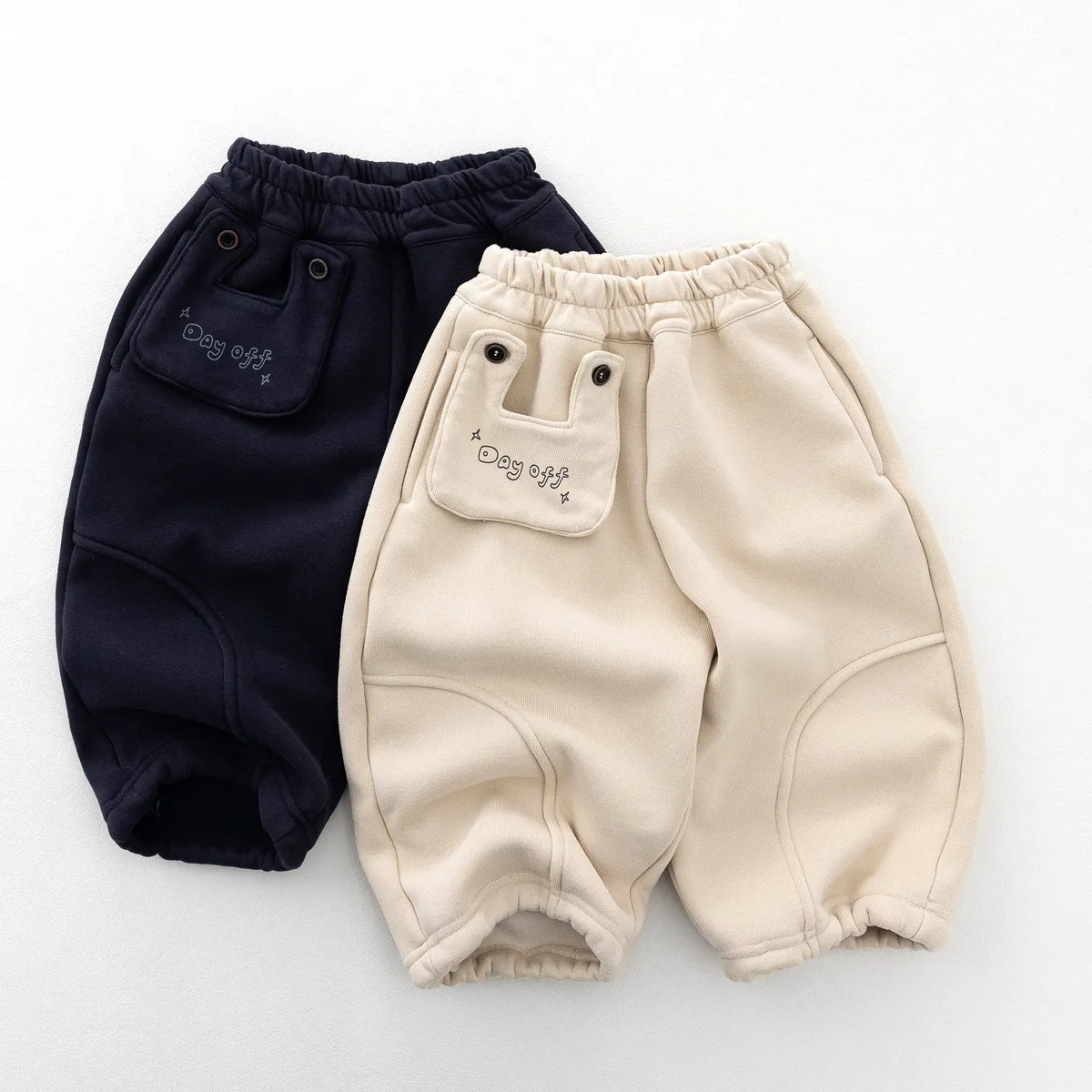 Kids Boys And Girls Fashion Casual Autumn And Winter Solid Color Fleece-Lined Thickened Loose Pants
