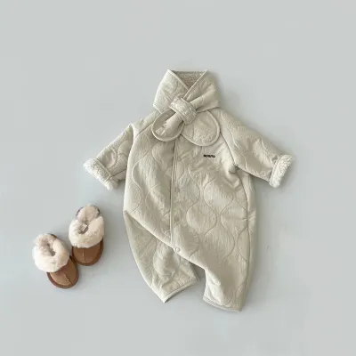 Kids Baby Boys And Girls Fashion Autumn Velvet Thickened Warm Long-Sleeve Jumpsuits With Scarf Two-Piece Set