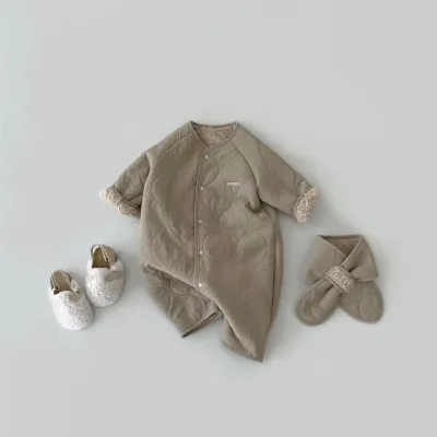 Kids Baby Boys And Girls Fashion Autumn Velvet Thickened Warm Long-Sleeve Jumpsuits With Scarf Two-Piece Set