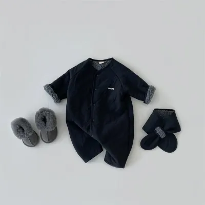 Kids Baby Boys And Girls Fashion Autumn Velvet Thickened Warm Long-Sleeve Jumpsuits With Scarf Two-Piece Set