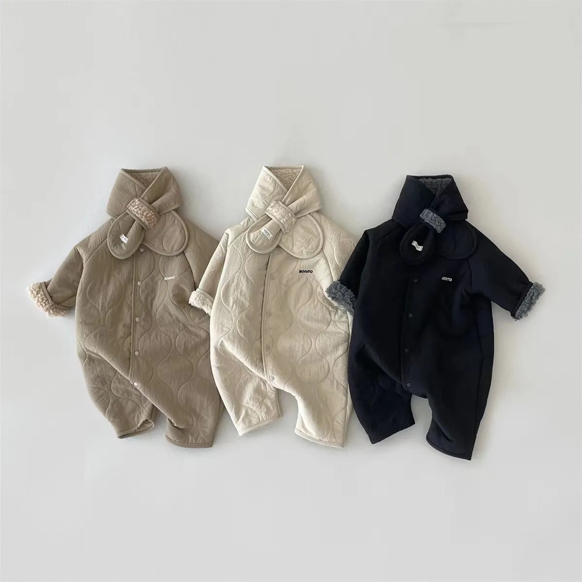 Kids Baby Boys And Girls Fashion Autumn Velvet Thickened Warm Long-Sleeve Jumpsuits With Scarf Two-Piece Set