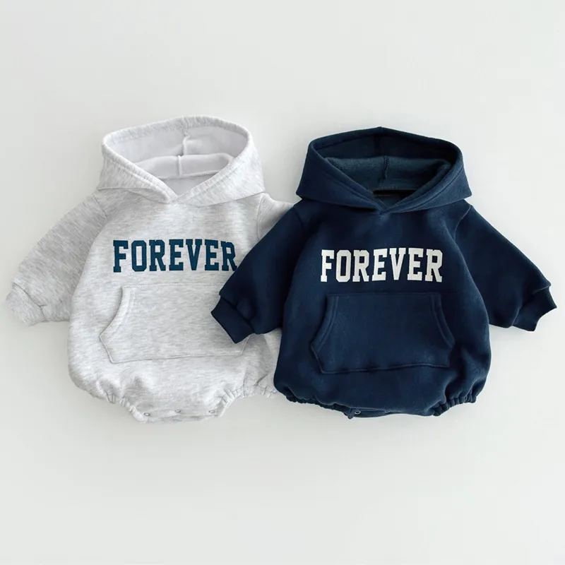 Kids Baby Boys And Girls Fashion Winter Letters Printed Fleece Long-Sleeve Hooded Rompers