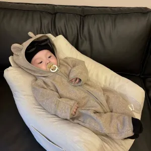 Kids Baby Boys And Girls Fashion Winter Solid Color Warm Thickened Long-Sleeve Hooded Rompers
