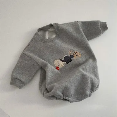 Kids Baby Boys And Girls Fashion Winter Dinosaur Embroidery Fleece Long-Sleeve Rompers