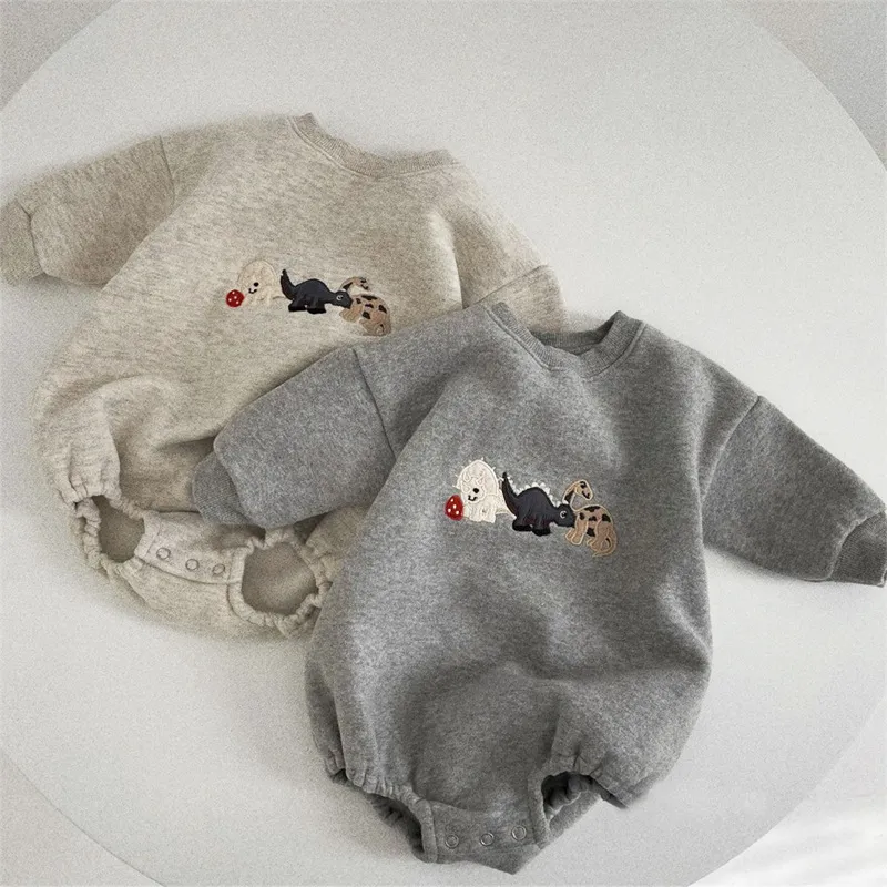 Kids Baby Boys And Girls Fashion Winter Dinosaur Embroidery Fleece Long-Sleeve Rompers