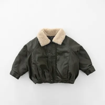 Kids Boys And Girls Fashion Autumn And Winter Wool Collar Leather Cotton Thickened Warm Coat