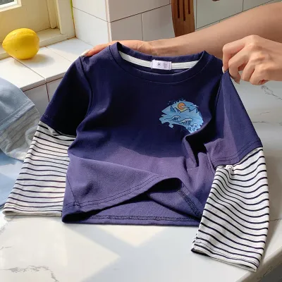 Kids Boys Fashion Casual Spring And Autumn Contrast Printed Stripe Stitching Fake Two-Piece Long-Sleeve T-Shirt