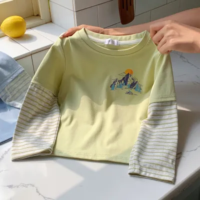 Kids Boys Fashion Casual Spring And Autumn Contrast Printed Stripe Stitching Fake Two-Piece Long-Sleeve T-Shirt