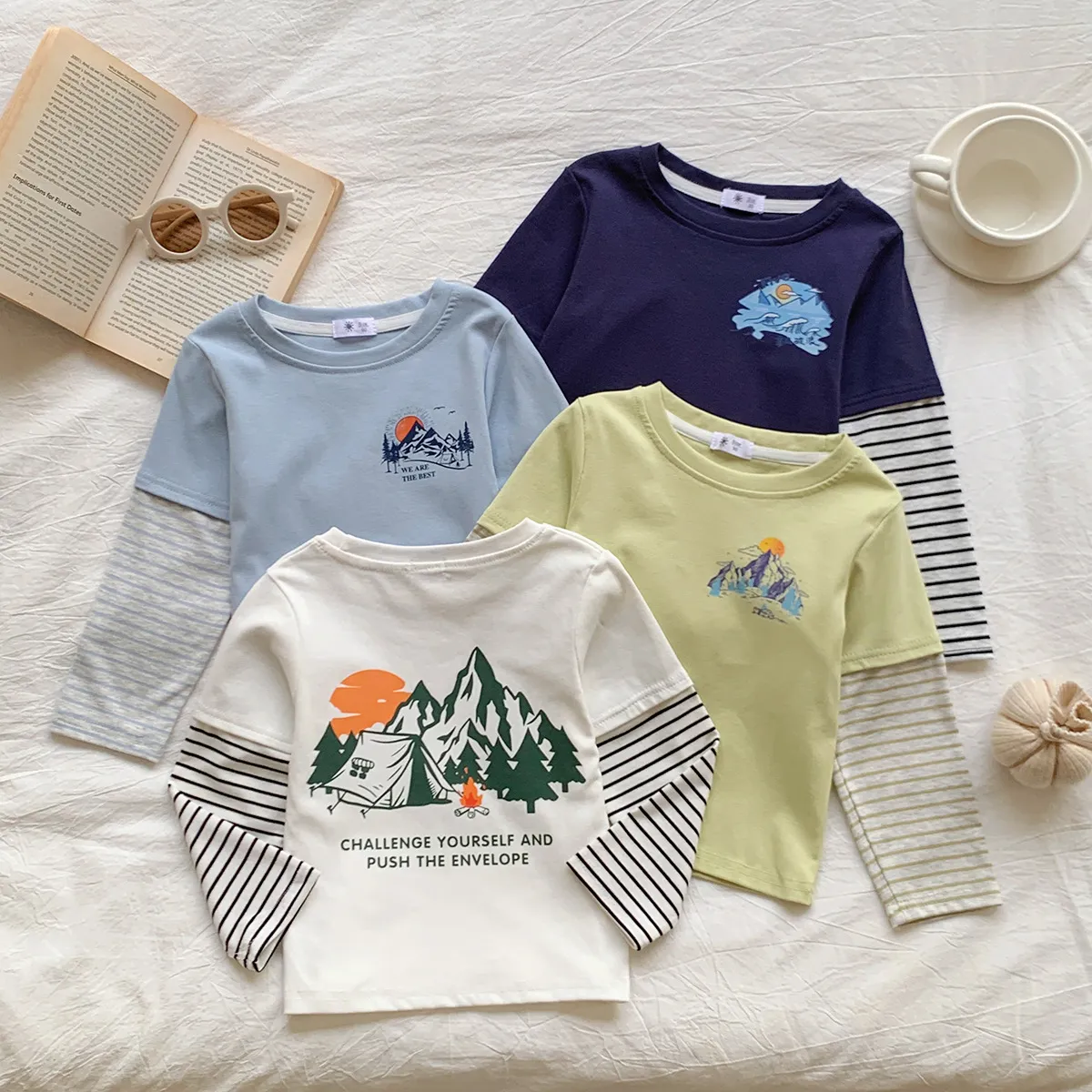 Kids Boys Fashion Casual Spring And Autumn Contrast Printed Stripe Stitching Fake Two-Piece Long-Sleeve T-Shirt