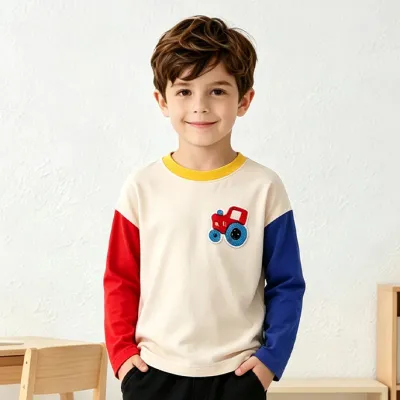 Kids Boys Fashion Casual Autumn Car Towel Embroidered Long-Sleeve T-Shirt