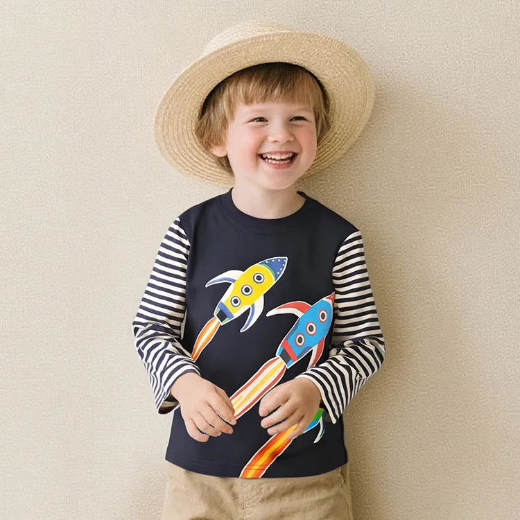 Kids Boys Fashion Casual Autumn Luminous Rocket Pattern Printed Round Neck Long Sleeve T-Shirt
