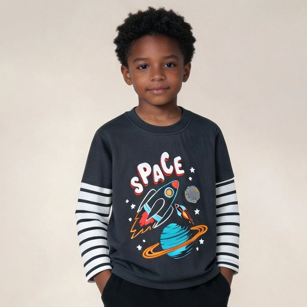 Kids Boys Fashion Casual Autumn Stripe Printed Round Neck Long-Sleeve T-Shirt