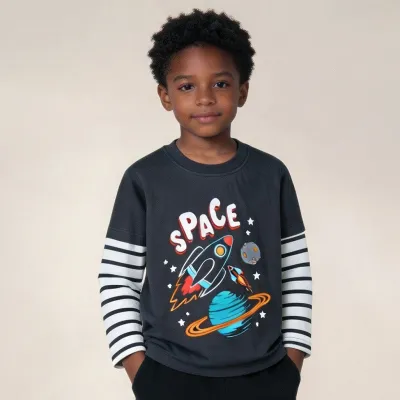 Kids Boys Fashion Casual Autumn Stripe Printed Round Neck Long-Sleeve T-Shirt
