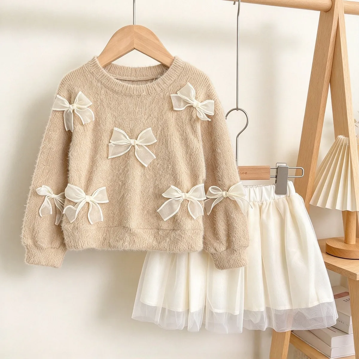 Kids Girl'S Fashion Autumn Three-Dimensional Bow Long-Sleeve Sweater Yarn Skirt Two-Piece Set