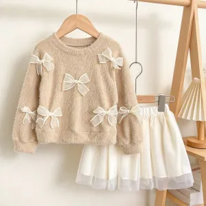 Kids Girl'S Fashion Autumn Three-Dimensional Bow Long-Sleeve Sweater Yarn Skirt Two-Piece Set