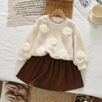 Kids Girls Fashion Spring And Autumn Three-Dimensional Floral Round-Neck Long-Sleeve Top Skirt Two-Piece Set