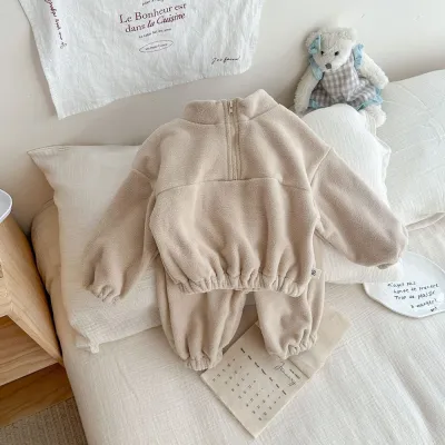 Kids Baby Boys And Girls Fashion Autumn And Winter Solid Color Double-Sided Velvet Zipper Long-Sleeve Sweatshirt Pants Two-Piece Set
