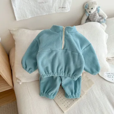 Kids Baby Boys And Girls Fashion Autumn And Winter Solid Color Double-Sided Velvet Zipper Long-Sleeve Sweatshirt Pants Two-Piece Set