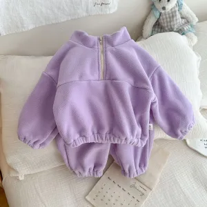 Kids Baby Boys And Girls Fashion Autumn And Winter Solid Color Double-Sided Velvet Zipper Long-Sleeve Sweatshirt Pants Two-Piece Set