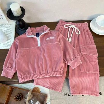Kids Boys And Girls Fashion Casual Autumn And Winter Corduroy Stand Collar Long-Sleeve Sweatshirt Pockets Pants Two-Piece Set
